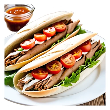 Döner im frisch aufgebackenen Fladenbrot, außen leicht knusprig, innen weich. Gefüllt mit saftigem Dönerfleisch, knackigem Salat, Tomaten, Zwiebeln und Kräutersauce. Warme Food‑Fotografie, hohe Details, natürliche Farben, appetitliche Präsentation, Fokus auf Texturen und Frische.“ sticker