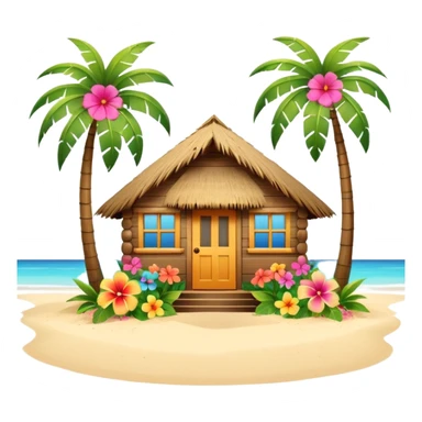 Hawaiian beach house, small tropical house, wooden walls, thatched roof, colorful flowers, palm trees, cute mobile game icon, 3D cartoon, bright colors, soft shadows, clean background, no text, no watermark sticker