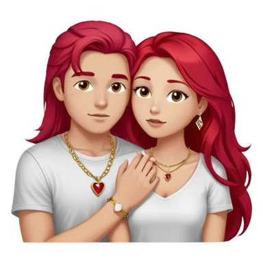 young 20 year old couple kissing, girl with long cherry red hair and dark blonde eyebrows wearing gold necklace with letter A, diamond gold ring, red bracelet and light clothes, boy with bright white hair wearing dark t-shirt and silver ring with black stone sticker