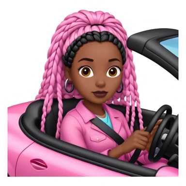 A dark-skinned Black woman with black box braids, driving a pink car sticker