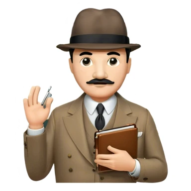 A cinematic-style frame showing Hercule Poirot in his iconic suit with a notebook in a dramatic detective pose. Background should be mysterious city, map, a board with photos of suspects, clues like fingerprints. Transparent background. sticker