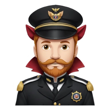 An auburn-hair'ed admiral with a flawless bear and mustache wearing a black admiral outfit and hat with Wolf Ears coming out of the hat, and 9 wolf tails behind him, with the admiral black shirt featuring on the left breast pocket the insignia of Helldivers 2. sticker
