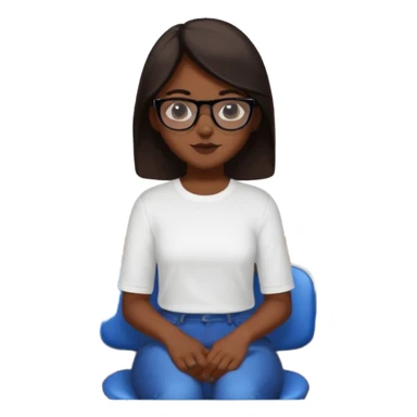 No pero que las florecitas azules estén en la camiseta dibujadasCréame una chica morena de pelo más o menos por los hombros con granitos en la cara y unas gafas negras, que esté sentado en una silla de bar con una camisa blanca con florecitas azules sticker