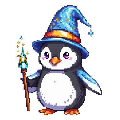 a penguin wizard casting a spell with sparkles sticker