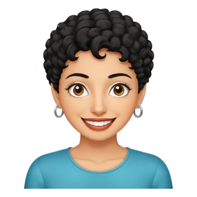 30 year old iranian woman very short curly black hair, big brown eyes, tanned skin, big smile, white teeth, pretty, stylish, shorter hair, boy cut hair sticker
