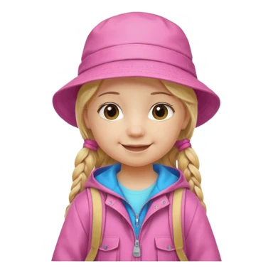 Little girl kid student, long braid blonde, wears pink bucket hat and jacket, backpack, happy sticker