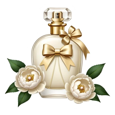 pearl white vintage style perfume bottle and ivory colored peonies and a gold bow sticker