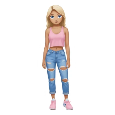 preppy teenage girl, blue eyes, tan, less blonde highlights, brown long hair, long eyelashes, beach aesthetic, wearing cute clothes, wearing ripped blue longer baggy jeans with a light pink sexy revealing low neck crop top, wearing Nike shoes, very sexy, very long eyelashes, very pretty sticker