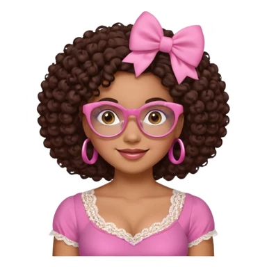 medium skinned afro-latina girl with medium length chocolate brown side part curly hair, brown eyes, pink sweetheart necklined top with lace, round wide-ish nose, chubby long shaped face, pink bow, brown glasses sticker