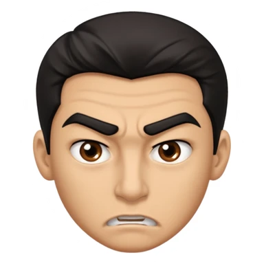 emoji de un joven, con cejas gruesas que parece enojado, nariz medio grande, hombros anchos, sin sonrisa, hombros anchos, cabello medio ondulado con un corte juvenil, cabello negro. ojos negros. sticker