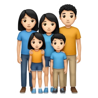 Hispanic family of five standing close together, mom with long straight hair, dad with short curly hair, two boys with matching short hair, one girl with long straight hair, no raised hands, transparent background sticker
