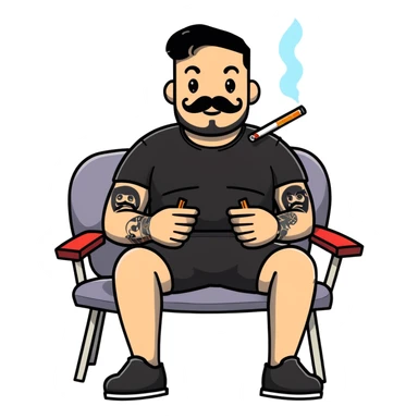 Heavy-set man leaning back in chair with legs spread, smoking cigarette, exposed belly, round face, short black hair, beard with mustache, black t-shirt with light stripes on top portion, sleeves rolled up, black shorts, arms decorated with distinct black graphic tattoo patterns sticker