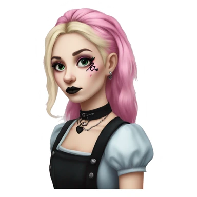 Realism punk goth Alice in Wonderland with neck tattoos, long blonde and pink hair, and dark eye makeup sticker