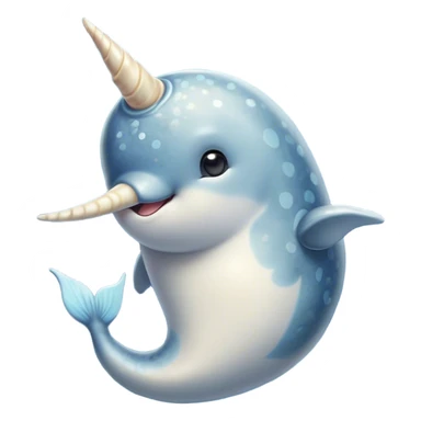 Cinematic Cute Narwhal Portrait Emoji, Head tilted playfully and inquisitively, showcasing a sleek, streamlined body with subtly iridescent, mottled gray skin and a prominently spiraled ivory tusk, complemented by round, sparkling eyes full of gentle wonder, Simplified yet irresistibly adorable features, highly detailed, glowing with a warm, friendly arctic glow, high shine, affectionate and lively, stylized with a touch of whimsical marine charm, soft glowing outline, capturing the essence of a mischievous yet loving narwhal that seems as if it could frolic out of the screen into your heart! sticker