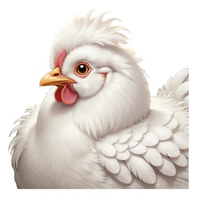Cinematic Adorable Fluffy White Chicken Portrait Emoji, Standing proudly with soft, ruffled white feathers, round and plump with a gentle expression, bright and curious eyes, slightly puffed chest, detailed texture with a soft glow, high shine, warm and friendly, stylized with a charming simplicity, bright and endearing, soft glowing outline, capturing the essence of a cheerful farmyard companion, so lively it feels like it could cluck and strut at any moment! sticker