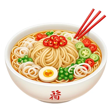 Shaanxi cold skin noodles with colorful toppings, simplified emoji style with bold outlines and bright colors, cartoon style Xi'an famous cold appetizer sticker