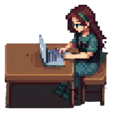 girl working on a MacBook, pixel art style sticker