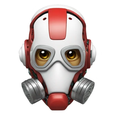 Red skin cyborg head with white respirator mask and circuitry sticker