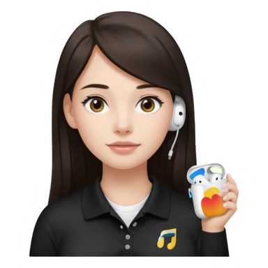Girl with long dark brown hair with airpods wearing a black wegmans grocery store polo sticker