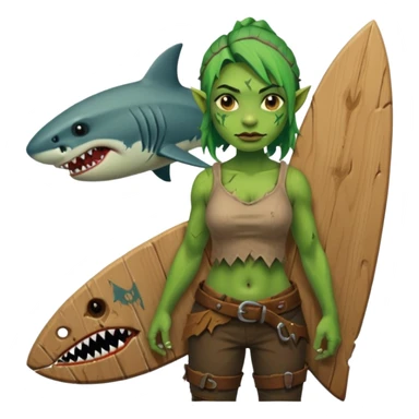 orc female holds a board with a shark painted vertically in his hands sticker