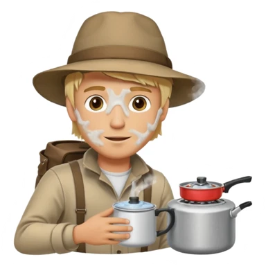 A blonde man camper boiling water on a portable stove, enjoying the outdoor sticker