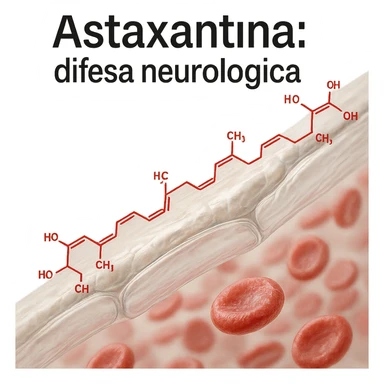 hyper realistic red astaxanthin molecule highlighted crossing a transparent blood-brain barrier, clinical atmosphere, light background, with text 'Astaxantina: difesa neurologica' sticker