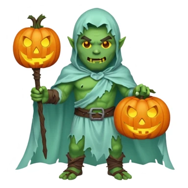 male orc warrior ghost emoji, green skin, wearing torn white ghost sheet costume, holding glowing jack-o'-lantern, faint blue aura, friendly but spooky expression, Halloween fantasy theme, Apple emoji style, clean white background, square sticker
