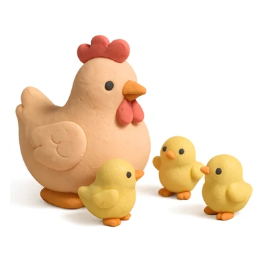 hen with baby chicks, soft pastel colors, visible fingerprints, matte plasticine look sticker