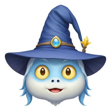 cute monster with white body, yellow tail, wearing blue sky witch hat. the face facing the front towards the 4th wall sticker