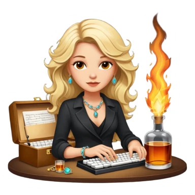 A sketchnote illustration rendered in a strong moody style, featuring a blonde woman with cascading gorgeous hair, a keyboard, a whiskey bottle, a key, a jewelry box, and fire elements against a black background. The lighting is low with low contrast, emphasizing dramatic shadows. sticker