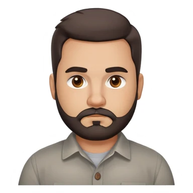 Stocky approachable man with light brown complexion, round friendly face, full cheeks, kind dark eyes, thick eyebrows, wide nose, medium lips with warm expression, short well-maintained full beard, short dark hair with simple cut, wearing a gray casual button-up shirt sticker