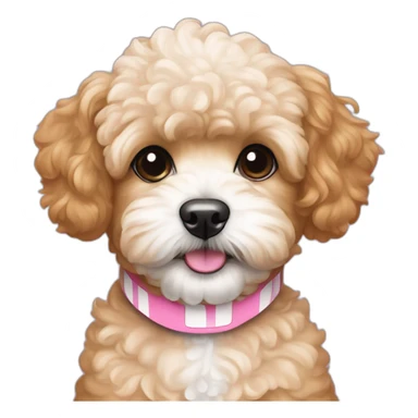 Caramel Maltipoo with white stripe on the muzzle and pink collar sticker