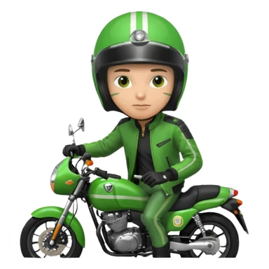 ojek online driver, using motorbike, the helmet is green. green jacket, not green motorbike (maybe a black jacket with green stripes just a little) then please make the driver not looking at "camera",  sticker