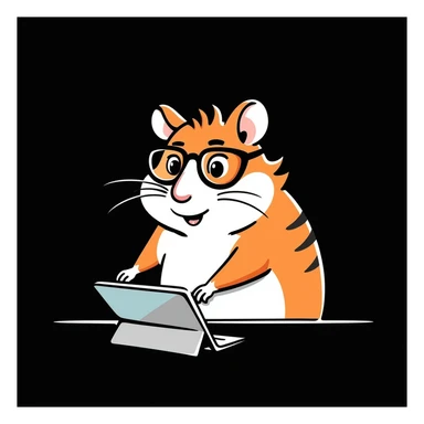 unique colorful hand-drawn modern semi-realistic hamster with cool glasses creating a design or making animations showing creative action on solid black background illustrated in Procreate on an iPad sticker