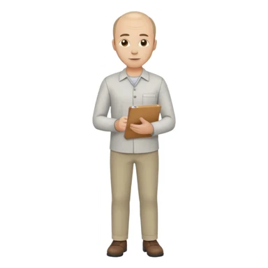 man, mid 30's shirt and trousers balding hairline, full body, standing, holding a clipboard sticker