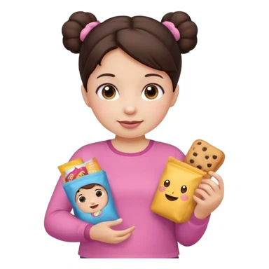 Cute small Toddler emoji with two buns dark brown hair, fair skin, in pink top, holding toddler snacks sticker