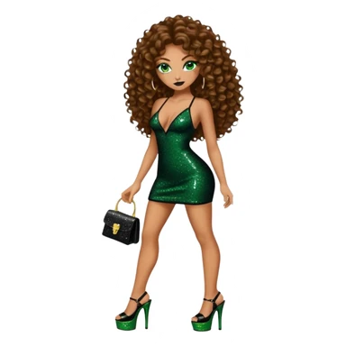 Half naked green eyes brown long curly hair woman, gang drug lord mafia boss style with 7 inch platform stripper high heels black glitter dress sticker