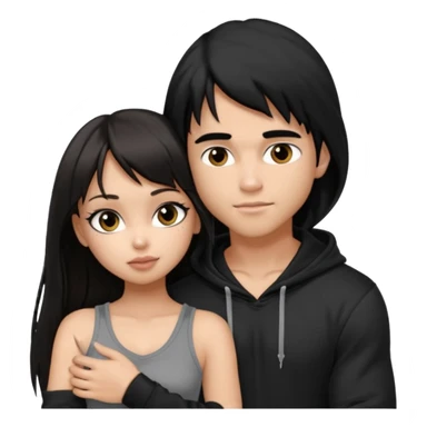 generate a pretty bratz girl in black cami top, dark brown straight long hair with bangs, eyeliner on, 

hugging a handsome muscular boy with black hair and a grey hoodie sticker