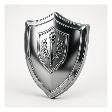 a chrome shield with a staff emblem, symbolizing protection, unity, and the best qualities of the staff team sticker