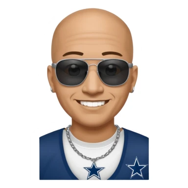 bald mexican cholo with square black sunglasses no facial hair no earrings with face dimples wearing a silver necklace with H on it and wearing cowboys jersey sticker