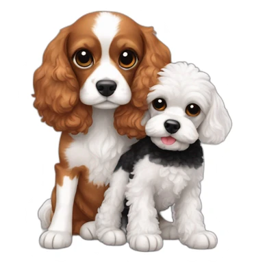 white and ginger  cavalier king charles spaniel and black mini poodle cuddle each other  sticker