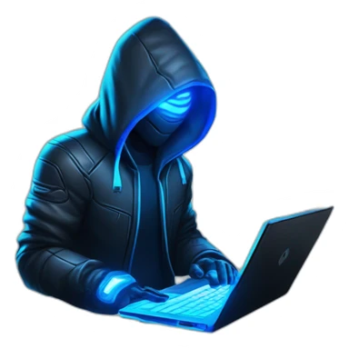 developer behind his laptop with this style : Crytek Crysis Video game neon glowing bright blue character blue black hooded hacker themed character sticker