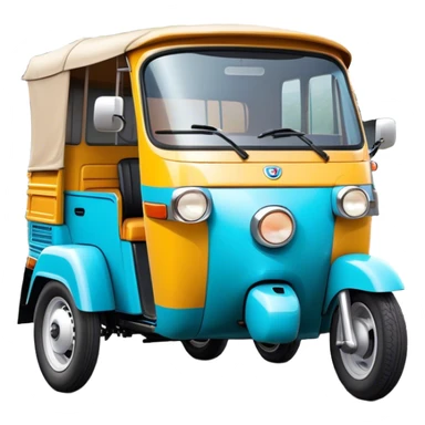 Cinematic Realistic Tuk Tuk Emoji, depicted as a vibrant iconic three-wheeled vehicle with bold colors and a compact design, rendered with crisp textures and dynamic urban lighting that captures its quintessential Thai charm. sticker