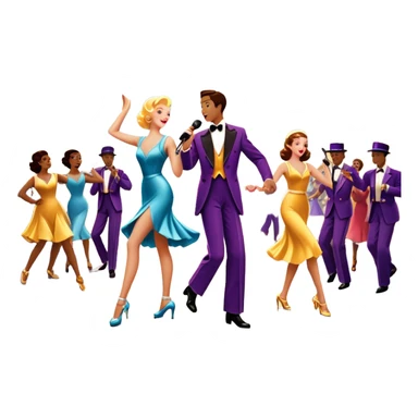 Vintage movie poster-style icon for a musical film. A vibrant street scene with bright lights, dancers mid-step, a singer with a microphone, and a jazz band playing. The cityscape glows in the background, evoking the golden era of musicals. Transparent background. sticker