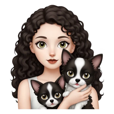 Girl holding black and white small dog. Girl is pretty, sharp cat eye line. Dark brown big curls. Long hair. Pale. Dog had black ears, black circles around eyes, dog has white mouth and head sticker