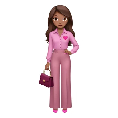  emoji, inspired with brunette hair, brown eyes, long hair, heart shape lips and pink make up  and pink nails, mauve pink blush and brown wide leg pants, burgundy shoulder drop shirt, brown heels , princess hair, brown heels, no floating hearts  sticker