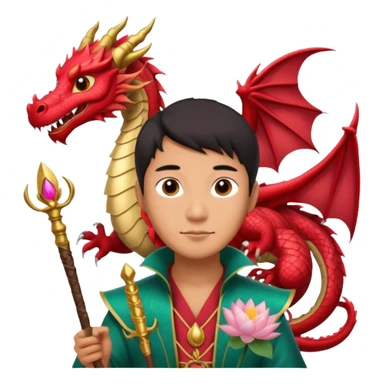 man with asian dragon, scepter, buddhism, lotus sticker