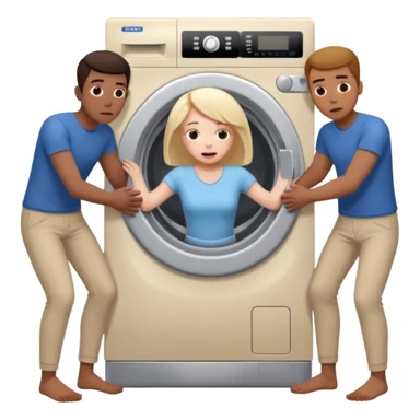 Eine Frau mit dem Kopf  in der Waschmaschine feststeckt und zwei Männer ziehen an ihren Beinen um ihr zu helfen  sticker