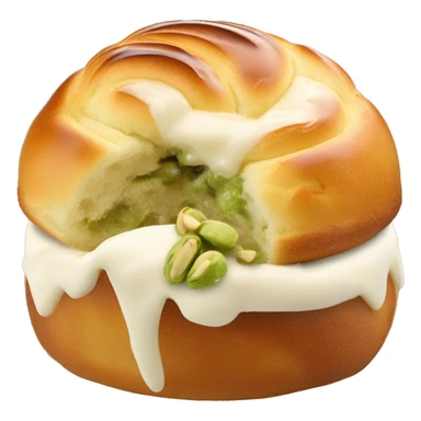 Petite Boule de brioche en forme de dôme coupée en deux au milieux avec crème fouettée blanche au centre recouvert d’éclat de pistache  sticker