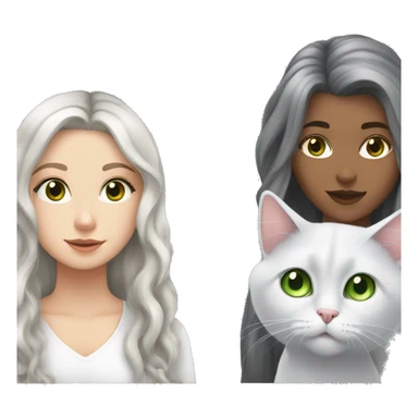 white girl with silver long hair and brown eyes, with a gray fluffy cat with green eyes sticker